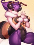  1girl antenna_hair bare_shoulders breasts cameltoe commentary_request covered_navel covered_nipples fumio_(rsqkr) highres insect_girl interlocked_fingers large_breasts leg_lift light_smile looking_at_viewer puffy_nipples purple_hair q-bee short_hair solo thick_thighs thighs vampire_(game) yellow_background 