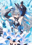  1girl armpits arms_up bangs big_hair black_gloves blue_background blue_butterfly blue_eyes breasts bronya_zaychik bronya_zaychik_(cyberangel) bug butterfly center_opening commentary_request crossed_bangs dress earrings elbow_gloves gem ginklaga gloves hair_ribbon honkai_(series) honkai_impact_3rd insect jewelry layered_dress looking_at_viewer ribbon serious sideboob silver_hair small_breasts solo thighhighs 