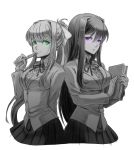  bangs book commentary doki_doki_literature_club eyebrows_visible_through_hair green_eyes greyscale hair_between_eyes hair_ornament hair_ribbon hairclip holding holding_book holding_pen jacket long_hair long_sleeves monika_(doki_doki_literature_club) monochrome murai_shinobu pen pleated_skirt ponytail purple_eyes ribbon school_uniform sidelocks simple_background skirt smile spot_color very_long_hair white_background wing_collar yuri_(doki_doki_literature_club) 