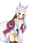  1girl :d animal_ear_fluff animal_ears ass_visible_through_thighs bare_shoulders black_gloves black_legwear blush collarbone commentary_request cowboy_shot dress dress_lift elbow_gloves flat_chest fox_ears fox_girl fox_shadow_puppet fox_tail gloves highres jewelry lifted_by_self long_hair looking_at_viewer minaha_(playjoe2005) necklace no_panties open_mouth pussy red_eyes sewayaki_kitsune_no_senko-san shiro_(sewayaki_kitsune_no_senko-san) short_eyebrows simple_background smile solo tail thick_eyebrows thigh_gap thighhighs whisker_markings white_background white_dress white_hair 