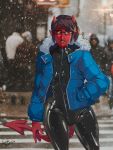  2019 ambiguous_gender angrboda black_hair bodysuit breasts clothing demon eyewear female glasses group hair hand_in_pocket hi_res horn human humanoid humanoid_pointy_ears jacket mammal not_furry outside photo_background pockets red_skin rubber rubber_suit short_hair skinsuit snow solo_focus spade_tail tight_clothing topwear wide_hips yellow_eyes 