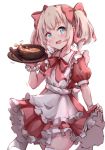  1girl :d apron blush bow bowl collared_dress commentary_request cowboy_shot dress food frilled_apron frilled_dress frills hair_bow hakuya_(white_night) hand_up holding latina_(uchi_no_musume_no_tame_naraba) light_brown_hair maid_apron open_mouth pleated_dress puffy_short_sleeves puffy_sleeves red_bow red_dress short_sleeves simple_background skirt_hold smile solo spoon thighhighs twintails uchi_no_musume_no_tame_naraba_ore_wa_moshikashitara_maou_mo_taoseru_kamo_shirenai. white_apron white_background white_legwear 