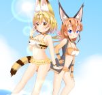  2girls :3 animal_ear_fluff animal_ears bangs bare_shoulders bikini bikini_under_clothes black_jacket blonde_hair blue_eyes blue_sky blush breasts brown_bikini brown_choker brown_eyes brown_gloves brown_hair caracal_(kemono_friends) chestnut_mouth choker cleavage closed_mouth cloud collarbone commentary_request day dutch_angle elbow_gloves eyebrows_visible_through_hair fingerless_gloves frilled_bikini frills gloves hair_between_eyes hand_on_hip highres jacket kemono_friends medium_breasts multicolored_hair multiple_girls navel open_clothes open_jacket outdoors parted_lips serval_(kemono_friends) serval_ears serval_tail shin01571 sky smile sun sunlight swimsuit tail two-tone_hair water white_hair yellow_bikini 