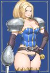  1girl adapted_costume belt black_gloves blonde_hair blue_background blue_eyes braid breasts bustier charlotte_christine_de_colde cleavage elbow_gloves eyeshadow forehead french_braid gloves groin hair_pulled_back highres holding holding_sword holding_weapon legs_together lips long_hair looking_at_viewer makeup medium_breasts no_pants panties pauldrons ponytail purple_legwear purple_panties rapier samurai_spirits scabbard sheath shigenobu solo standing sword thick_thighs thighs underwear weapon 