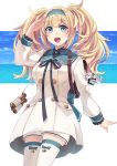  1girl backpack bag binoculars blonde_hair blue_eyes blue_hairband breasts commentary_request cowboy_shot dress enemy_lifebuoy_(kantai_collection) escort_water_hime gambier_bay_(kantai_collection) hairband highres ido_(teketeke) kantai_collection large_breasts open_mouth sailor_dress salute shinkaisei-kan smile solo thighhighs twintails upper_teeth white_dress white_legwear 