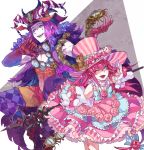 1boy 1girl argyle argyle_legwear aves_plumbum9 blue_eyes blue_lipstick bow bowtie chest commentary_request cuffs dragon_tail dress dress_flower elizabeth_bathory_(fate) elizabeth_bathory_(fate)_(all) facepaint fangs fate/grand_order fate_(series) flower frilled_dress frills fur_trim gloves hand_up hat hat_ornament horns jester leaf leg_up lipstick long_hair looking_at_viewer makeup mephistopheles_(fate/grand_order) multicolored multicolored_eyes one_eye_closed open_clothes open_mouth open_shirt pantyhose pig pink_eyes pink_hair pointy_ears purple_eyes purple_hair rose sarkany_csont_landzsa smile smug squirrel striped striped_dress striped_hat tail time_bomb top_hat v 