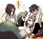  1boy 2girls arms_around_neck artist_name black_hair blush breasts breasts_apart brown_hair chaldea_uniform claws closed_eyes commentary commentary_request fangs fate/grand_order fate_(series) fujimaru_ritsuka_(male) gills green_hair hair_brush hair_brushing hand_on_another&#039;s_head jacket lamia lamia_(fate/grand_order) large_breasts looking_at_another looking_up monster monster_girl multiple_girls naga_(fate/grand_order) no_mouth no_nipples nude open_mouth pants red_eyes scales short_hair sido_(slipknot) simple_background speech_bubble tail u_u white_background 