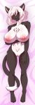  2019 4_toes absurd_res anthro big_breasts black_fur black_sclera breast_res breasts butt colored_nails dakimakura_design felid feline female fur hair hi_res lying mammal nails nipples nude pussy red_eyes sagestrike2_(artist) seductive short_hair smile solo toes translucent translucent_hair white_hair 