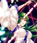  1girl alternate_eye_color arm_up armpits bangs breasts commentary_request danmaku detached_sleeves eyebrows_visible_through_hair frog_hair_ornament green_hair hair_ornament hair_tubes holding hug_(yourhug) kochiya_sanae large_breasts long_hair long_sleeves looking_at_viewer magical_girl smile snake_hair_ornament solo touhou upper_body wide_sleeves wing_collar yellow_eyes 