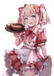  1girl :d apron blush bow bowl collared_dress commentary_request cowboy_shot dress food frilled_apron frilled_dress frills hair_bow hakuya_(white_night) hand_up highres holding latina_(uchi_no_musume_no_tame_naraba) light_brown_hair maid_apron open_mouth pleated_dress puffy_short_sleeves puffy_sleeves red_bow red_dress revision short_sleeves simple_background skirt_hold smile solo spoon thighhighs twintails uchi_no_musume_no_tame_naraba_ore_wa_moshikashitara_maou_mo_taoseru_kamo_shirenai. white_apron white_background white_legwear 