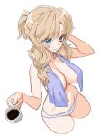  1girl alternate_hairstyle arm_behind_head arm_up blonde_hair blue_eyes blue_towel blush breasts coffee coffee_mug commentary_request cowboy_shot cropped_legs cup eyebrows_visible_through_hair girls_und_panzer highres holding holding_cup kay_(girls_und_panzer) large_breasts looking_at_viewer medium_hair mug oomabu_shichirou open_mouth panties short_ponytail simple_background skindentation smile solo standing towel towel_around_neck underwear white_background white_panties 