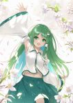  1girl :d arm_up armpits commentary detached_sleeves eyebrows_visible_through_hair flan_(seeyouflan) flower frog_hair_ornament green_eyes green_hair green_skirt hair_ornament hair_tubes highres kochiya_sanae long_hair looking_at_viewer midriff_peek navel open_mouth petals shirt skirt smile snake_hair_ornament solo touhou very_long_hair waving white_shirt wide_sleeves wing_collar 