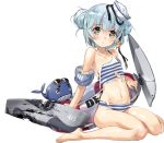  1girl blue_hair blue_swimsuit dixie_cup_hat double_bun hat hat_ribbon innertube kantai_collection lifebuoy little_blue_whale_(kantai_collection) machinery military_hat official_art ribbon samuel_b._roberts_(kantai_collection) short_hair swimsuit torn_clothes whale white_headwear yellow_eyes zeco 
