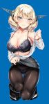  1girl 8000 black_bra black_panties blonde_hair blue_eyes bra braid breasts cleavage closed_mouth collarbone collared_shirt colorado_(kantai_collection) commentary_request eyebrows_visible_through_hair grey_headwear half-closed_eyes headgear high_heels highleg highleg_panties highres kantai_collection lace lace-trimmed_bra lace-trimmed_panties large_breasts lips looking_at_viewer open_clothes open_shirt panties panties_under_pantyhose pantyhose pencil_skirt removing_shirt shirt short_hair side_braids skirt skirt_lift smile solo string_of_flags sweat underwear wavy_mouth white_shirt 