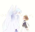  1boy 1girl ^_^ ahoge angel_wings arms_at_sides ascot black_blouse blouse blue_eyes blush brown_hair cardcaptor_sakura child closed_eyes expressionless facing_another from_side futong_jun gradient_hair happy height_difference jitome kinomoto_sakura long_hair long_sleeves looking_at_another multicolored_hair open_mouth parted_lips pleated_skirt profile puffy_sleeves sailor_collar school_uniform serafuku short_hair simple_background skirt sleeve_cuffs smile star tomoeda_elementary_school_uniform turtleneck white_background white_hair white_neckwear white_sailor_collar wings yue_(ccs) |d 