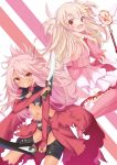  2girls absurdres bangs blonde_hair blush boots breasts chloe_von_einzbern fate/kaleid_liner_prisma_illya fate_(series) gloves hair_ornament highres holding illyasviel_von_einzbern kaleidostick long_hair looking_at_viewer magical_girl magical_ruby multiple_girls open_mouth pink_hair red_eyes rokita skirt small_breasts smile sword thighhighs underwear weapon white_gloves 