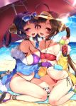  2girls :d ahoge azur_lane ball bandeau bangs bare_legs bare_shoulders beach beach_mat beach_umbrella beachball bikini black_choker blue_jacket blue_sky blush breasts brown_hair cheek-to-cheek choker cloud collarbone commentary_request day eyebrows_visible_through_hair eyewear_on_head feet_out_of_frame food fur-trimmed_jacket fur_trim gloves groin hair_rings halterneck hand_up highres holding holding_food ice_cream jacket large_breasts long_hair long_sleeves looking_at_viewer mirei multiple_girls navel ning_hai_(azur_lane) o-ring o-ring_bikini ocean off_shoulder open_clothes open_jacket open_mouth outdoors ping_hai_(azur_lane) popsicle purple_bikini purple_eyes purple_gloves purple_hair red_eyes red_gloves sandals side-tie_bikini sidelocks sitting sky small_breasts smile stomach stuffed_animal stuffed_panda stuffed_toy sunglasses sweat swimsuit thighs twintails umbrella very_long_hair visor_cap wariza yellow_jacket 