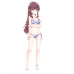  1girl absurdres anklet bangs barefoot bikini blue_eyes blunt_bangs blush breasts brown_hair cleavage closed_mouth collarbone eyebrows_visible_through_hair full_body hair_ribbon halterneck highres jewelry long_hair looking_at_viewer medium_breasts mole mole_on_breast navel new_game! ponytail print_bikini purple_bikini purple_ribbon ribbon sainohikari side-tie_bikini simple_background solo standing star star_print swimsuit takimoto_hifumi very_long_hair white_background 