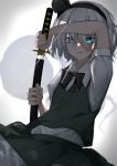  1girl absurdres alternate_eye_color aqua_eyes aqua_pupils bangs black_neckwear blurry_foreground bob_cut collared_shirt cowboy_shot dark facing_viewer gradient gradient_background green_skirt green_vest grey_background hairband highres hisha_(kan_moko) holding holding_sword holding_weapon katana konpaku_youmu konpaku_youmu_(ghost) light light_smile looking_down neck_ribbon ribbon scabbard sheath shirt short_hair short_sleeves silver_hair skirt skirt_lift skirt_set solo sparkle sword touhou unsheathing vest weapon white_background white_shirt 