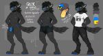  2019 absurd_res anthro balls black_fur blue_eyes blue_nose blue_pawpads blue_penis bulge chest_tuft clothed clothing digital_media_(artwork) digitigrade english_text eyebrows facial_piercing fur hair hi_res humanoid_penis hyaenid male mammal model_sheet nipples nose_piercing nose_ring nude pawpads penis piercing quix_hyena sailormoonfan666 simple_background smile solo spotted_hyena text tongue tuft underwear 