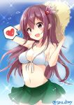  alternate_costume bikini bikini_top blush brown_eyes brown_hair cloud eyebrows_visible_through_hair gradient_sky green_skirt hair_between_eyes hair_ornament hat heart kantai_collection kisaragi_(kantai_collection) long_hair navel open_mouth pleated_skirt purple_eyes ribbon skirt sky smile sou_(soutennkouchi) straw_hat swimsuit white_bikini 