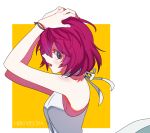  1girl bangs bare_arms blush bracelet capcom character_name dress green_eyes hair_between_eyes hand_on_own_head hibiki_misora jewelry older open_mouth portrait profile purple_hair rockman ryuusei_no_rockman short_hair simple_background sleeveless sleeveless_dress solo t_mung_chi white_dress yellow_background 