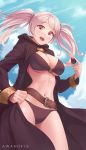  1girl absurdres awan0918 bikini blush breasts cleavage fire_emblem fire_emblem_awakening fire_emblem_heroes gloves highres hood long_hair looking_at_viewer open_mouth robe robin_(fire_emblem) robin_(fire_emblem)_(female) silver_hair simple_background smile solo super_smash_bros. swimsuit twintails white_hair 
