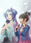  2girls bangs blue_eyes blue_hair blunt_bangs brown_hair choker commentary earrings eyebrows_visible_through_hair feathers hair_between_eyes hair_ornament hand_on_own_chest highres holding holding_microphone jewelry kazanari_tsubasa long_hair looking_at_another microphone multiple_girls murakami_hisashi music open_mouth purple_eyes senki_zesshou_symphogear side_ponytail singing smile 