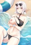  1girl areolae azur_lane bangs beach bikini bikini_tug black_bikini blush breasts cameltoe choker cleavage collarbone day eyebrows_visible_through_hair eyewear_on_head groin hair_between_eyes heart heart-shaped_eyewear highres kaetzchen large_breasts looking_at_viewer lying navel nipples o-ring o-ring_top ocean on_back one_breast_out open_mouth outdoors red_eyes sand scrunchie short_hair signature sirius_(azur_lane) sirius_(midsummer_seirios)_(azur_lane) solo sunglasses swimsuit thigh_strap white_hair white_scrunchie wrist_scrunchie 