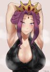  1girl armpits arms_up bare_shoulders blush breasts cleavage crown highres large_breasts looking_at_viewer mirelia_q_melromarc purple_eyes smile sweat tate_no_yuusha_no_nariagari 