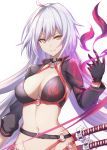  1girl ahoge bikini black_bikini black_choker black_gloves black_jacket breasts choker cleavage commentary_request cropped_jacket fate/grand_order fate_(series) fifty1202 gloves highres jacket jeanne_d&#039;arc_(alter_swimsuit_berserker) jeanne_d&#039;arc_(fate)_(all) katana large_breasts long_hair o-ring o-ring_bikini o-ring_bottom o-ring_top shrug_(clothing) solo swimsuit sword weapon white_background yellow_eyes 