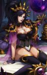  artist_name bare_thighs bed between_breasts black_hair breasts cape cleavage cloak crown diablo fingerless_gloves gauntlets gloves heroes_of_the_storm li-ming lipstick magic makeup neo-tk.. ponytail single_gauntlet sitting tagme thick_thighs thighhighs thighs tiara 