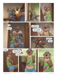  2019 anthro canid canine canis clothed clothing comic detailed_background domestic_dog english_text eyewear fox fur glasses group hat headgear headwear hi_res inside jayden_coultier_(zaush) larger_male lutrine male mammal midriff mustelid orange_fur size_difference smaller_male sofa standing text zaush 