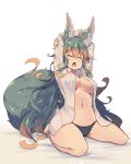  1girl animal_ear_fluff animal_ears arms_up barefoot black_panties breasts brown_hair commentary_request eyebrows_visible_through_hair green_hair kuromiya kuromiya_raika large_breasts long_hair long_sleeves multicolored_hair navel open_clothes open_mouth open_shirt original panties shirt simple_background sitting solo tail tears two-tone_hair underwear wariza white_background white_shirt yawning 