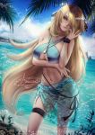  1girl alexandra_mae aqua_eyes banned_artist beach blonde_hair breasts elite_four hair_ornament hair_over_one_eye highres large_breasts long_hair looking_at_viewer navel pokemon pokemon_(game) pokemon_dppt shirona_(pokemon) solo swimsuit water 