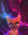  2019 ambiguous_gender canid canine cosmic_background digital_media_(artwork) fox fur green_eyes hi_res mammal night open_mouth orange_fur outside red_fur reysi sky solo star starry_sky teeth tongue 