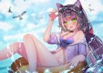  1girl animal_ear_fluff animal_ears bangs bare_shoulders bikini bird black_hair blue_sky blurry blurry_background blush breasts cat_ears cloud day eyebrows_visible_through_hair eyewear_on_head glint green_eyes hanato_(seonoaiko) kyaru_(princess_connect) long_hair looking_at_viewer low_twintails multicolored_hair navel off_shoulder open_mouth outdoors princess_connect! princess_connect!_re:dive purple_bikini reclining sky solo splashing streaked_hair sunglasses swimsuit thighs twintails twitter_username very_long_hair wet white_hair 