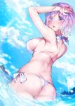  1girl absurdres arm_up ass bangs bare_arms bare_shoulders bikini blue_sky blush breasts cloud cloudy_sky commentary_request day eyebrows_visible_through_hair fate/grand_order fate_(series) from_behind halterneck hand_on_own_head highres kanola_u large_breasts looking_at_viewer looking_back mash_kyrielight open_mouth outdoors partially_submerged pink_hair shiny shiny_hair shiny_skin short_hair side-tie_bikini sideboob sky solo sparkle sunlight swimsuit thighs thong thong_bikini water water_drop wet white_bikini 