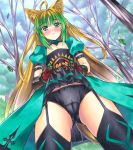  1girl ahoge animal_ears arm_belt atalanta_(fate) bangs black_legwear black_panties black_skirt blonde_hair blush cameltoe closed_mouth cowboy_shot day eyebrows_visible_through_hair fate/apocrypha fate_(series) flat_chest floating_hair forest fox_ears from_above garter_straps gauntlets gradient_hair green_eyes green_hair leaf lifted_by_self long_hair looking_at_viewer miniskirt multicolored_hair nature outdoors overskirt panties pastel_(medium) pleated_skirt print_legwear short_sleeves skirt skirt_lift solo standing thighhighs underwear very_long_hair yuto_takumi 