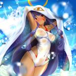  1girl absurdres armpits arms_up blue_sky blush breasts collarbone covered_navel covered_nipples cowboy_shot dark_skin day embarrassed fate/grand_order fate_(series) head_tilt highres jewelry large_breasts long_hair looking_at_viewer necklace nitocris_(fate/grand_order) ocean one-piece_swimsuit outdoors purple_hair red_eyes shiny shiny_hair sky solo sparkle spekkio36 standing swimsuit very_long_hair white_swimsuit 