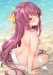  1girl alternate_costume ass back bangs bare_shoulders beach bikini bikini_top_removed blush bow commentary_request day ebifurya eyebrows_visible_through_hair highres kamikaze_(kantai_collection) kantai_collection long_hair looking_at_viewer looking_back open_mouth outdoors parted_lips purple_eyes purple_hair sand side-tie_bikini sitting solo string_bikini swimsuit very_long_hair water yellow_bow yokozuwari 