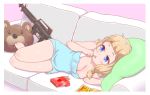  aqua_dress assault_rifle barefoot bear blonde_hair blouse blue_eyes breasts couch dress eating food gun hair_bobbles hair_ornament light_blush lying m16 medium_breasts messy_hair new_game! no_pants on_side picolette_xiii pillow pink_background pocky rifle sakura_nene short_hair simple_background twintails weapon 