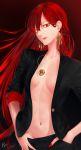  1girl black_pants black_shirt breasts breasts_apart collarbone commentary_request earrings fate/grand_order fate_(series) hair_between_eyes hand_in_pants hand_in_pocket highres jewelry lipstick long_hair makeup nail_polish navel necklace no_bra oda_nobunaga_(maou_avenger)_(fate) open_clothes open_shirt pants red_eyes red_hair red_lipstick red_nails shirt signature small_breasts solo tafuu_(tortafu) very_long_hair 