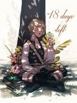  1boy artist_name blonde_hair blush book boots bug butterfly countdown fire_emblem fire_emblem:_three_houses flower glasses grass highres ignatz_victor insect leaf male_focus open_mouth renkkai sitting solo teeth tree yellow_eyes 