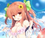  1girl :d ahoge bangs bare_shoulders bikini blue_sky blush bow breasts brown_eyes brown_hair cleavage cloud cloudy_sky collarbone commentary_request day eyebrows_visible_through_hair flower green_bow hair_between_eyes hair_bow hair_flower hair_ornament hands_up kujou_danbo large_breasts long_hair off_shoulder open_clothes open_mouth open_shirt original outdoors polka_dot polka_dot_bow pulled_by_self see-through shirt sky smile solo strap_pull sunflower_hair_ornament swimsuit two_side_up upper_body wet wet_clothes wet_shirt white_bikini white_shirt yellow_flower 
