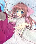  1girl asakura_otome blue_eyes blush bow breasts brown_hair cherry_blossoms commentary_request da_capo da_capo_ii eyebrows_visible_through_hair floating_hair hair_between_eyes hair_bow holding holding_umbrella kayura_yuka long_hair long_sleeves looking_at_viewer open_mouth outstretched_arm parasol pink_bow sidelocks small_breasts smile solo umbrella wide_sleeves 