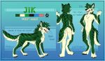  2018 4_toes 5_fingers anthro black_nose canid canine canis citrinelle digital_media_(artwork) feral fingers fur green_fur green_hair hair hi_res male mammal red_sheet simple_background solo standing toes white_fur wolf 