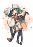  2girls backpack bag black_gloves black_jacket black_legwear blush commentary dancing dual_persona elbow_gloves eye_contact face-to-face full_body gloves green_hair hand_on_another&#039;s_waist hat hat_feather highres initsukkii jacket kaban_(kemono_friends) kemono_friends legwear_under_shorts long_hair looking_at_another low_ponytail multiple_girls pantyhose profile red_shirt selfcest shirt short_hair short_sleeves shorts simple_background time_paradox white_background white_shorts wrist_grab yuri 