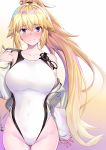  1girl bangs bare_shoulders blush breasts closed_mouth competition_swimsuit fate/grand_order fate_(series) hair_between_eyes highres jacket jeanne_d&#039;arc_(fate)_(all) jeanne_d&#039;arc_(swimsuit_archer) large_breasts long_hair looking_at_viewer ninoude_(ninoude44) one-piece_swimsuit open_clothes open_jacket ponytail smile solo swimsuit very_long_hair white_jacket white_swimsuit 