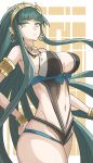  1girl absurdres bangs bare_shoulders bracelet breasts cleavage cleopatra_(fate/grand_order) closed_mouth collar commentary_request cowboy_shot earrings fate/grand_order fate_(series) gin_moku green_eyes green_hair hairband highleg highleg_swimsuit highres hoop_earrings jewelry large_breasts long_hair looking_at_viewer looking_to_the_side navel one-piece_swimsuit solo swimsuit thighs very_long_hair 